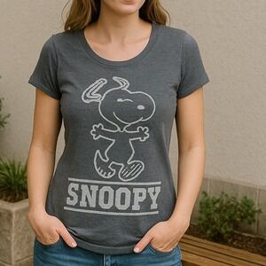 Juniors Snoopy Graphic T Shirt Charcoal Gray Peanuts Cartoon Size L Y2K